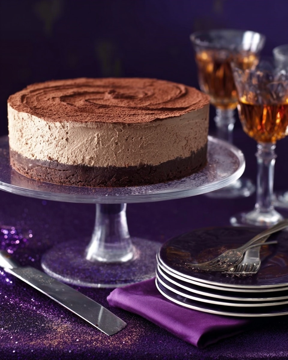 A thick, round chocolate mousse cake with two visible layers sits on a clear glass cake stand with a tall, thin stem. The bottom layer is a dense chocolate base with a textured surface, while the top layer is a lighter, fluffy chocolate mousse with subtle swirl patterns on top. The cake has a smooth, even edge and is dusted lightly with cocoa powder. Next to the stand is a stack of white plates with silver forks resting on top, and a silver cake server sits on a dark purple cloth napkin. The background is a dark purple cloth, and the whole scene is set on a white marbled surface. Photo taken with an iphone --ar 4:5 --v 7