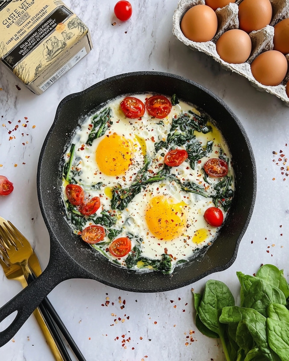 A black cast iron skillet holds two sunny-side-up eggs with bright yellow yolks and fully cooked whites as the base layer. Around and between the eggs, there are wilted dark green spinach leaves and halved red grape tomatoes scattered across. Small red chili flakes and drops of golden oil are sprinkled on top, adding texture and color. The skillet rests on a white marbled surface, surrounded by some fresh spinach bunches at the bottom right, a carton of brown eggs at the top right, fresh grape tomatoes at the top left, and a set of gold and black utensils near the bottom left. Photo taken with an iphone --ar 4:5 --v 7