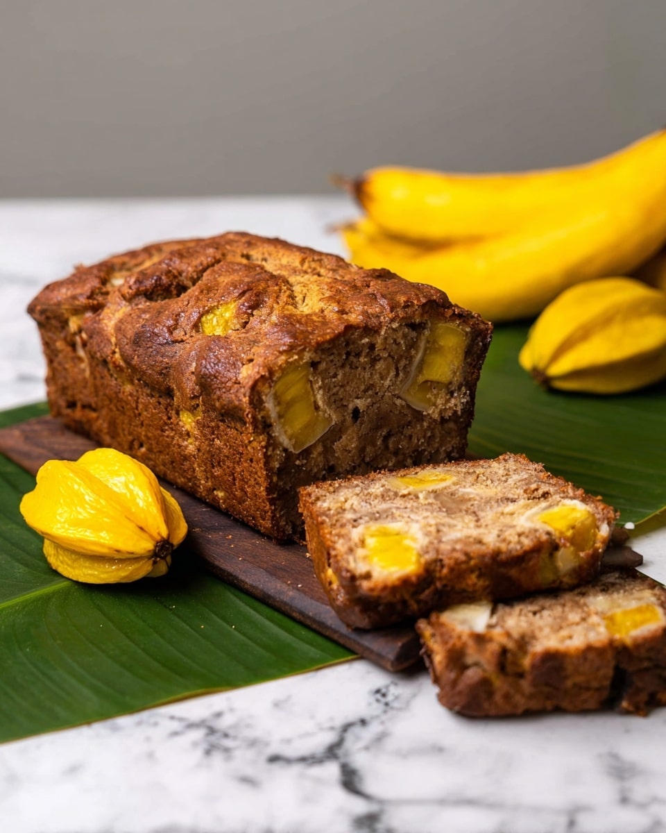The image shows a loaf of banana bread placed on a dark wooden board resting on a green banana leaf over a white marbled surface. The banana bread is golden brown with a slightly cracked crust and visible pieces of yellow fruit inside, likely jackfruit and banana. Two slices of the bread are cut and laid flat beside the loaf, showing a moist, textured interior with bits of yellow fruit and banana slices embedded throughout. In front of the board, there are two bright yellow jackfruit pods, and in the background, a ripe banana lies on the white marbled surface. The photo taken with an iphone --ar 4:5 --v 7