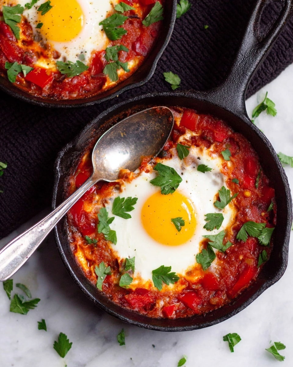 In the image, there is a close-up of two small black cast iron skillets on a white marbled surface. Each skillet holds a cooked dish with layers starting from a thick red tomato sauce base mixed with chunks of red bell pepper. On top of the sauce, there is a layer of melted white cheese covering most of the surface, except for a sunny-side-up egg with a bright yellow yolk visible in each skillet. Fresh green parsley leaves are sprinkled across the entire dish for color contrast. One skillet has a silver spoon resting on the edge, partially inside, scooping some of the sauce. The overall look is warm and hearty with bright, fresh colors. Photo taken with an iphone --ar 4:5 --v 7