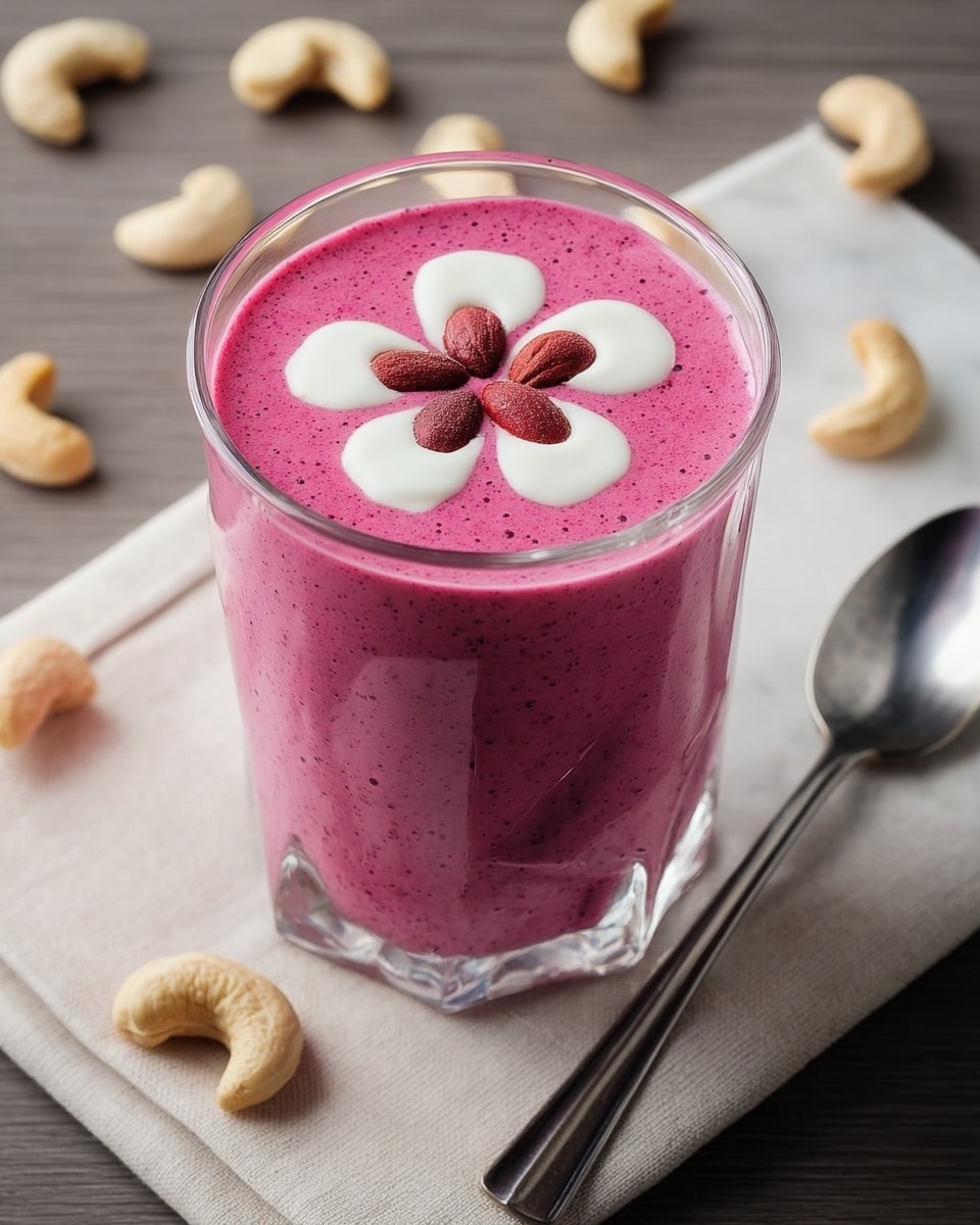 A tall clear glass filled with a smooth, bright magenta smoothie as the base layer. On top, there is a white cream drizzle pattern that looks like small blobs connected with thin lines, evenly spread across the surface. At the center of the glass, five small, reddish-brown dried fruits are placed neatly on the white cream. The glass sits on a white marbled texture surface scattered with whole cashew nuts around it. A silver spoon rests on a folded white cloth in the background. photo taken with an iphone --ar 4:5 --v 7
