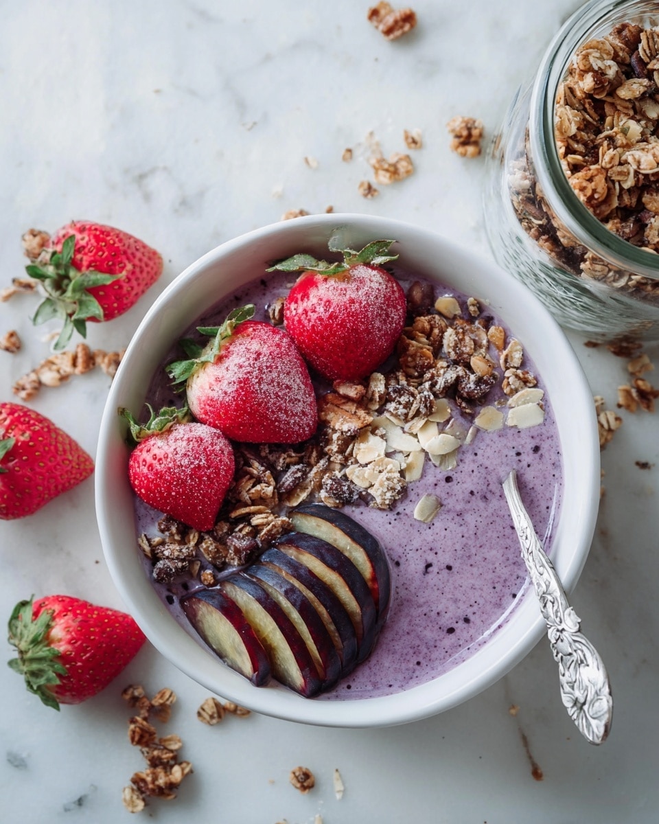 A white bowl filled with a smooth, creamy purple smoothie base covering half of the inside, topped with crunchy granola scattered mainly on one side. On top of the granola, there are two halved dark purple plums with thin light green stripes, and three whole red frozen strawberries resting beside them. Around the bowl, there are additional scattered granola pieces and frozen strawberries on a white marbled surface. A silver spoon with floral engravings is placed inside the bowl, partially submerged in the smoothie. Nearby, there is a clear glass jar filled with granola and a white plate holding some fresh red strawberries. photo taken with an iphone --ar 4:5 --v 7