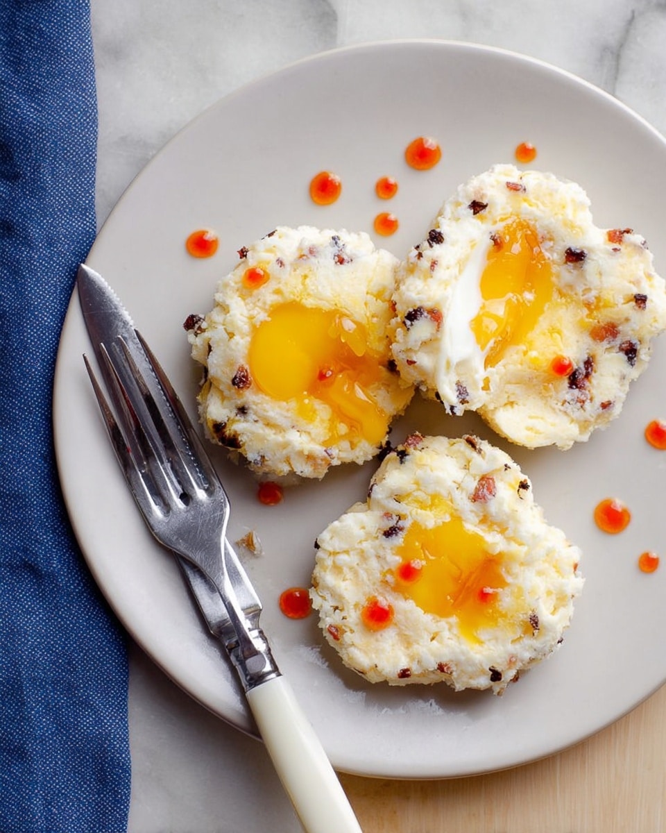 Three cloud eggs are placed on a deep blue plate, each with a fluffy, white, whipped egg white base mixed with small bits of dark brown bacon. The center of each egg holds a bright yellow, runny yolk. Small drops of reddish-orange sauce are scattered across the eggs and plate, adding color contrast. The plate is set on a light-colored wooden surface, next to a fork with a white handle and a silver blade, and a knife resting on the top edge of the plate. The photo taken with an iphone --ar 4:5 --v 7