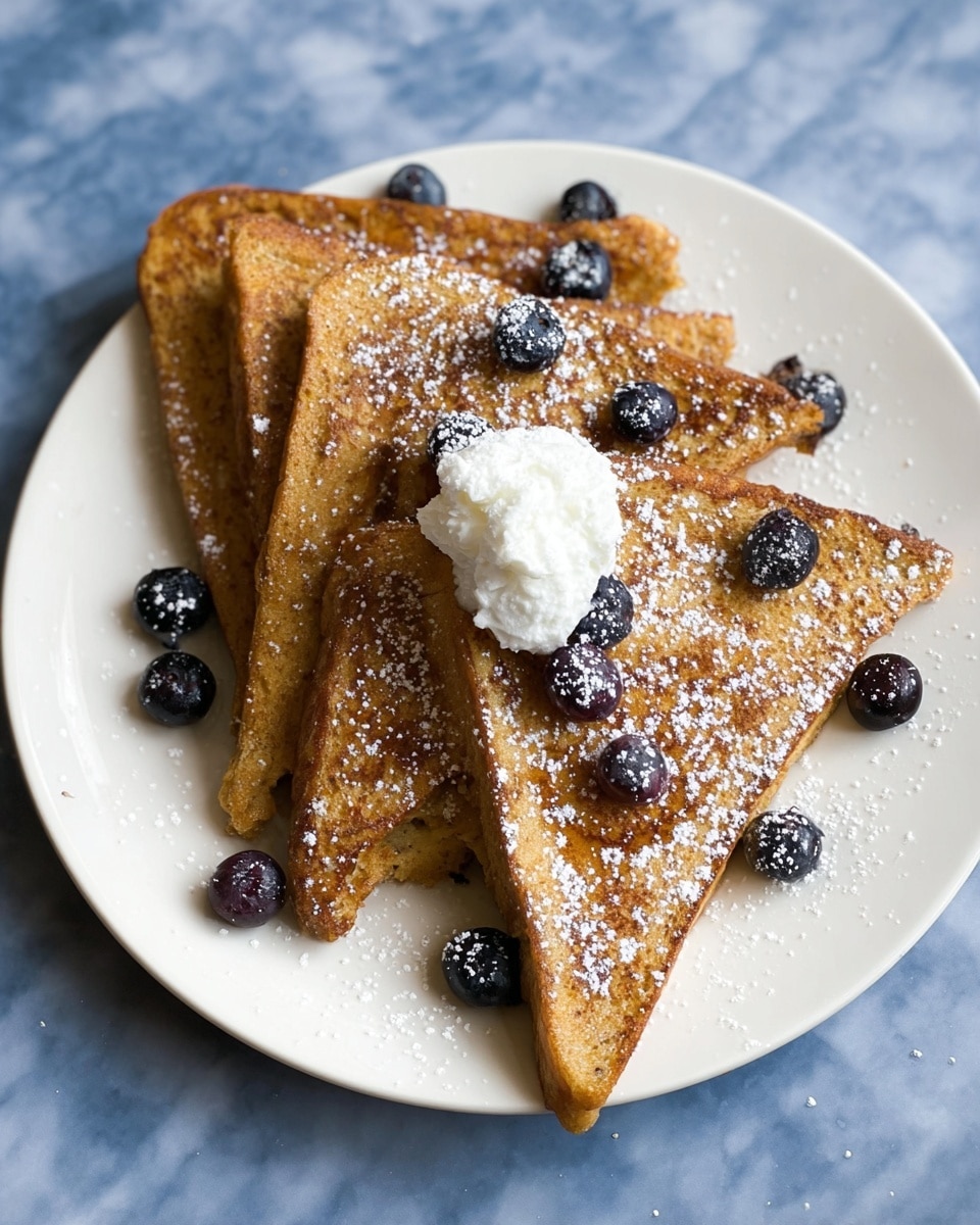 A white plate holds five triangular slices of golden-brown French toast stacked slightly overlapped from front right to back left, each piece showing a soft, slightly porous texture. On top of the second slice near the center is a small dollop of white butter or cream. Scattered around the French toast and plate are several fresh, dark blue blueberries, with some dusted lightly by white powdered sugar, which also sprinkles over the toast creating a soft snowy effect. The plate sits on a white marbled surface, enhancing the contrast with the food. Photo taken with an iphone --ar 4:5 --v 7
