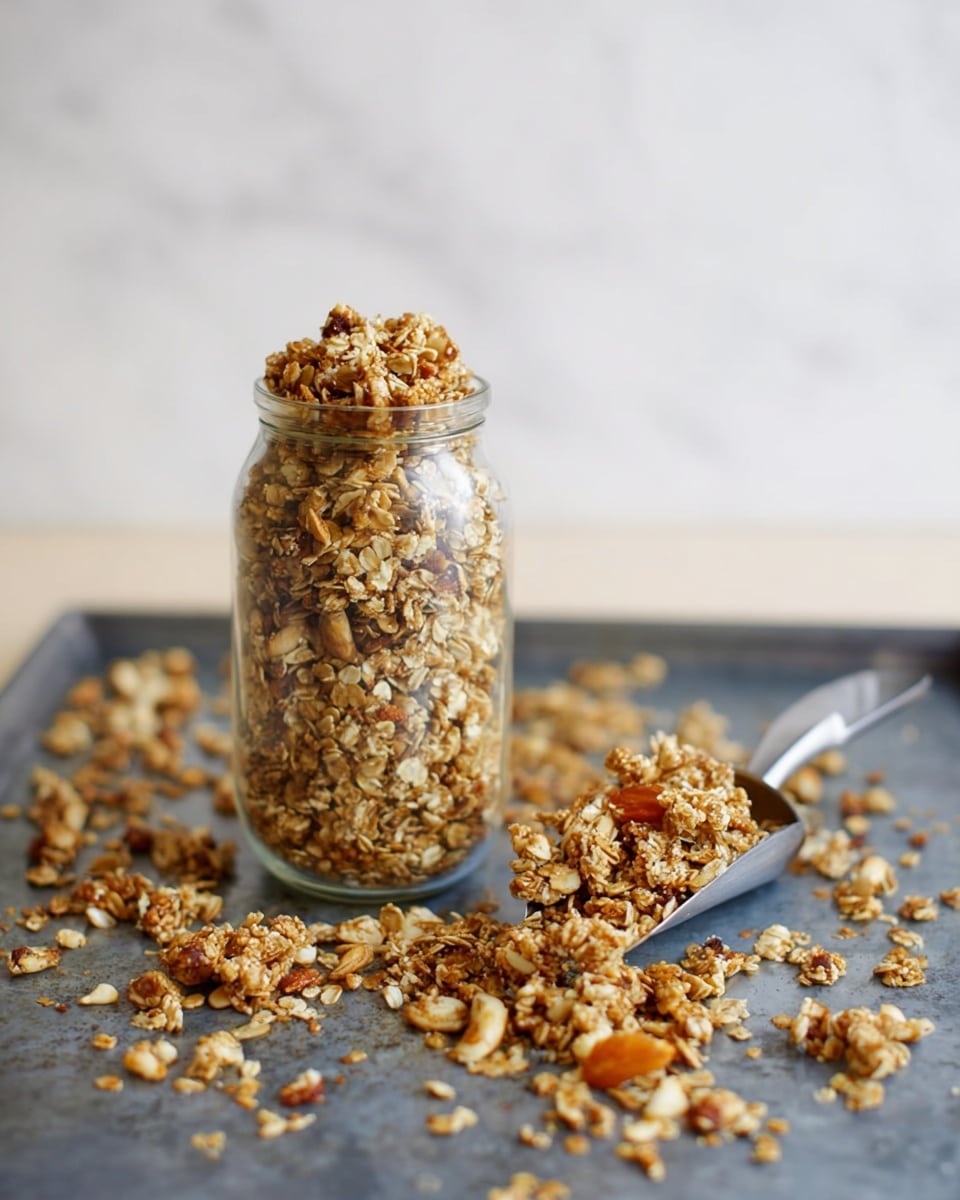 The image shows a tall glass jar filled with light brown granola mixed with white sesame seeds and small pieces of nuts and dried fruit, with some granola slightly overflowing the top. Around the jar, clusters of the granola mix are scattered on a gray baking tray with a slightly worn texture. A metal scoop filled with a similar granola mixture, containing visible orange dried fruit pieces, rests on the tray in front of the jar. The background is simple with a white marbled texture surface. photo taken with an iphone --ar 4:5 --v 7