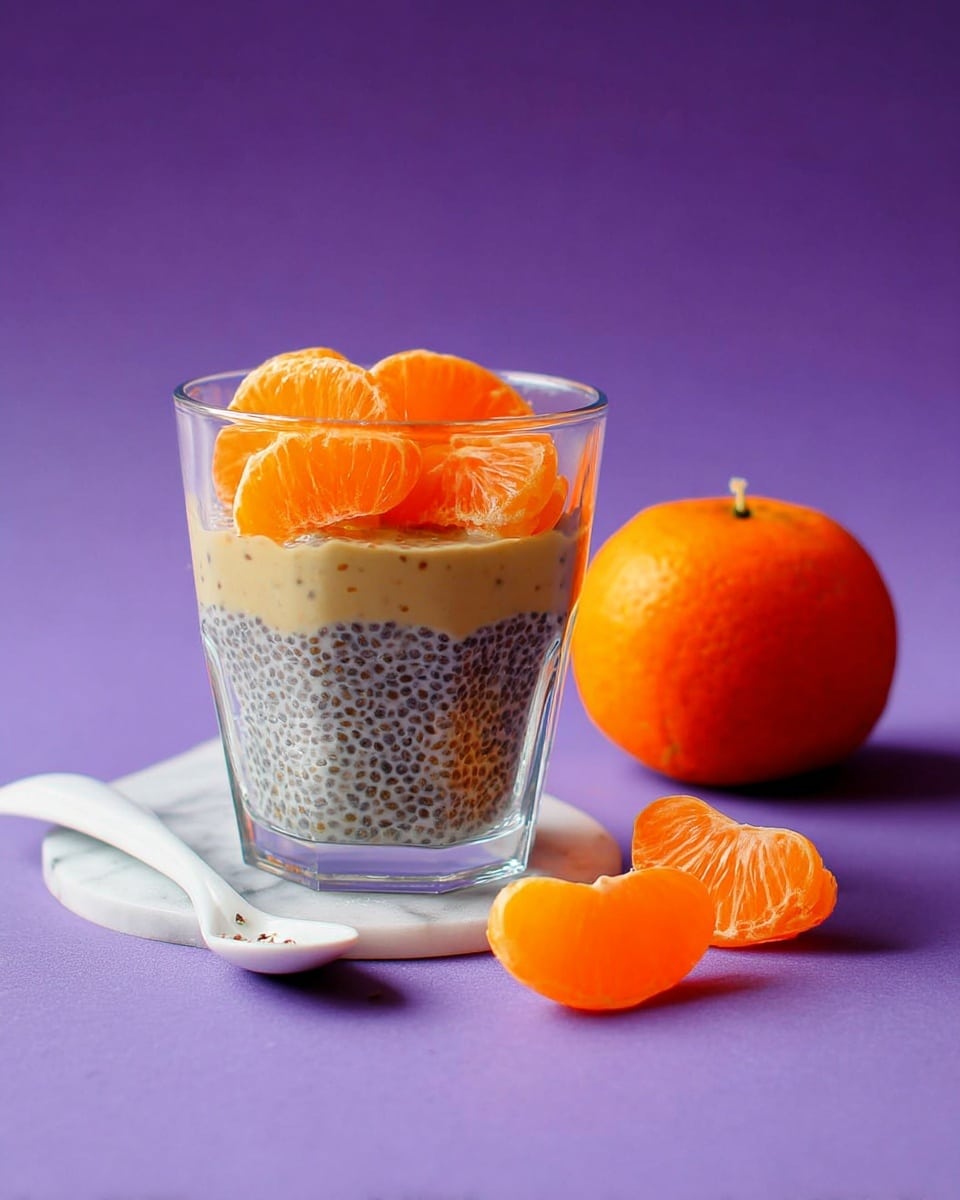 A clear glass cup filled with a creamy chia seed pudding layer that is beige with tiny black seeds throughout, topped with small chunks of dark jelly and bright orange mandarin segments arranged neatly on top. The cup sits on a white marbled surface with a whole mandarin and a shiny spoon behind it, and two mandarin wedges placed in front. The background is a soft purple color. photo taken with an iphone --ar 4:5 --v 7