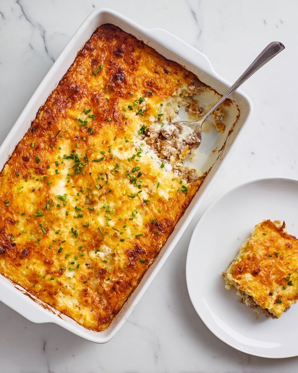 A white rectangular baking dish holds a golden-brown casserole with a crispy, bubbly cheese top layer scattered with small green onion pieces. Below the top layer is a creamy, light layer mixed with bits of ham and melted cheese. A spoon rests inside the dish, scooping out a portion. To the top left, a white round plate carries a square serving of the casserole, showing the same creamy, textured inside beneath the browned cheese crust. The scene is set on a smooth white marbled surface. photo taken with an iphone --ar 4:5 --v 7