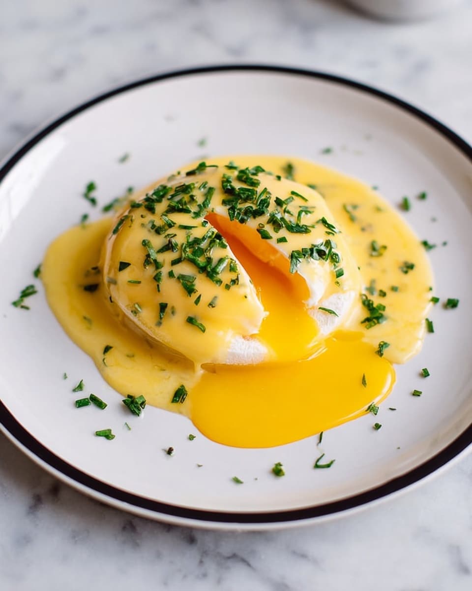 A white plate with a dark rim holds a dish with two poached eggs side by side as the base layer, their white surfaces smooth and soft. The eggs are covered with a generous layer of golden yellow hollandaise sauce that drapes over and pools slightly on the plate. On top of the sauce, there is a small pile of finely chopped green herbs, adding a fresh touch. The background is a white marbled texture. photo taken with an iphone --ar 4:5 --v 7