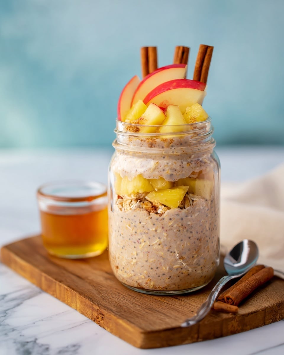 The image shows a glass jar filled with three main layers of oatmeal mixture with a creamy, slightly grainy texture and light brown color with visible nuts and small apple pieces mixed in. Near the middle of the jar, a chunk of apple and walnuts are visible as part of the oatmeal mix. On top of the jar, there are three thin red apple slices placed vertically and two cinnamon sticks standing behind them. The jar sits on a rustic wooden board with a small silver spoon placed to the side. In the background, there is a clear small glass cup filled with amber-colored honey, along with a cinnamon stick on the board. The setting has a white marbled surface and a soft blue background. photo taken with an iphone --ar 4:5 --v 7
