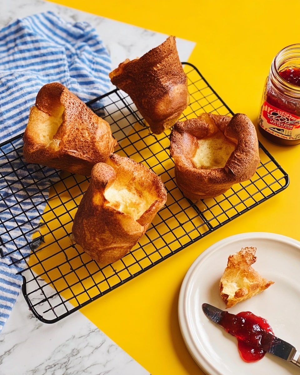 The image shows five golden-brown popovers with a slightly uneven shape and crisp texture placed on a black cooling rack. The cooling rack is set on a bright yellow surface. To the left, there is a blue and white striped cloth partially covering the rack, and in the lower left corner, a jar of red jam with a red and white lid is visible. On the bottom right, a white plate holds a package of butter with some jam spread around it, and a knife rests on the plate with traces of jam. The overall composition is bright with clear contrasts, set against a white marbled texture. Photo taken with an iphone --ar 4:5 --v 7