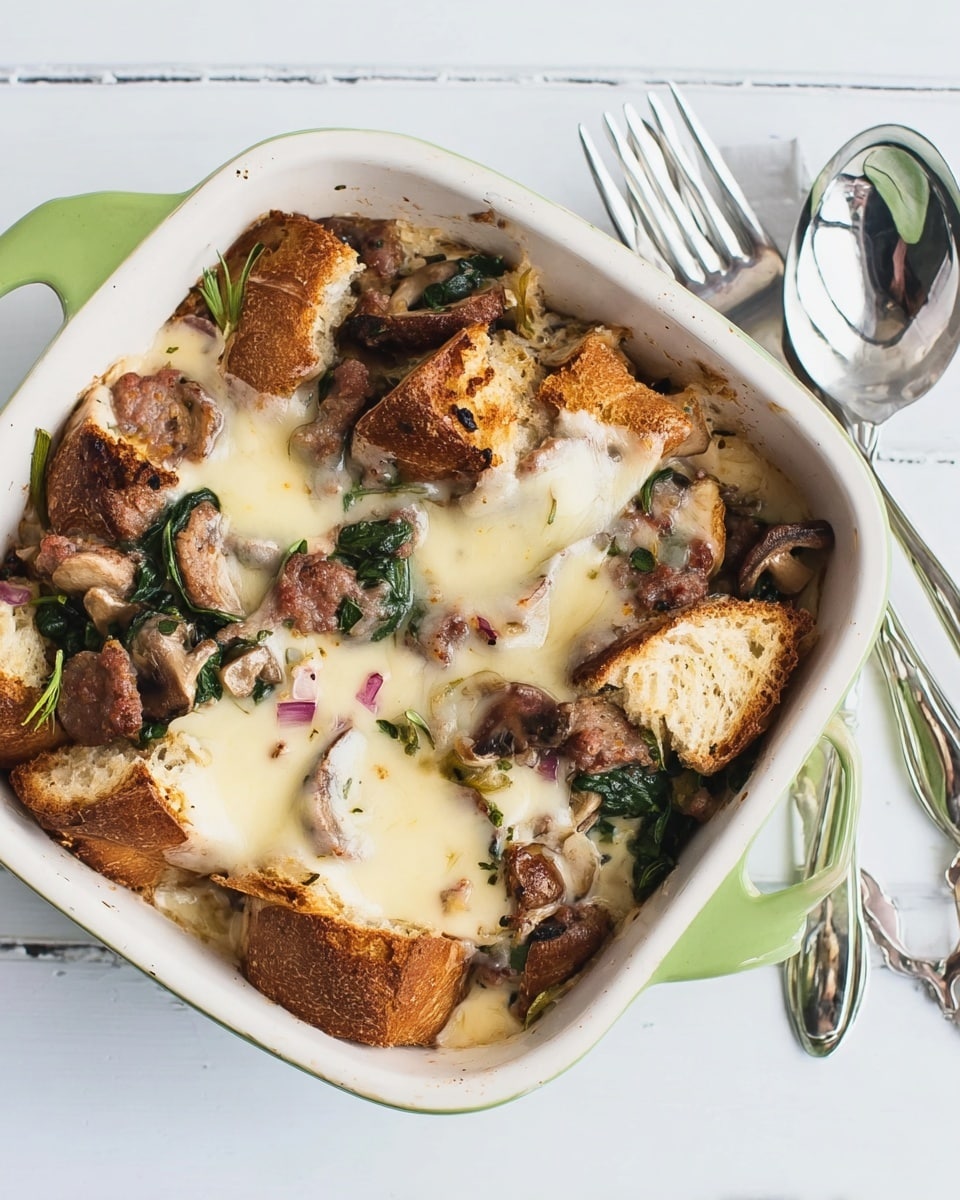 A white heart-shaped dish filled with a baked mix of several layers: the bottom layer has creamy melted cheese seen through small gaps; on top, chunky pieces of golden-brown toasted bread cubes are scattered unevenly; dark brown cooked mushrooms are spread across the bread; there are also bits of cooked meat with a deep brown color nestled among the bread and mushrooms; some green leafy vegetables add color between the other ingredients. The dish sits on a white marbled surface next to three shiny silver forks placed closely together. photo taken with an iphone --ar 4:5 --v 7