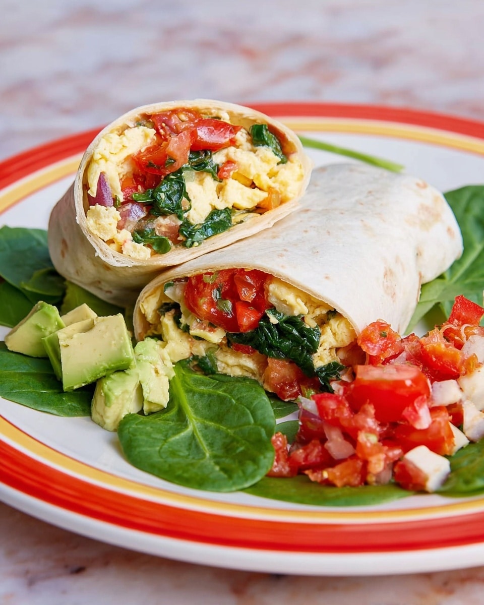 The image shows a white tortilla wrap cut in half, revealing several layers inside. The outer layer is the soft, slightly folded white tortilla. Inside, there is a layer of scrambled eggs that is light yellow and fluffy, followed by bright red bell pepper pieces, dark green spinach leaves, and some salsa with a red and chunky texture. The wrap halves rest on fresh green spinach leaves placed on a white plate with a colorful yellow and red design. Beside the wrap, there is a small side of sliced avocado with a light green and creamy texture, along with diced tomatoes mixed with some white grated cheese. The plate is set on a white marbled surface. photo taken with an iphone --ar 4:5 --v 7