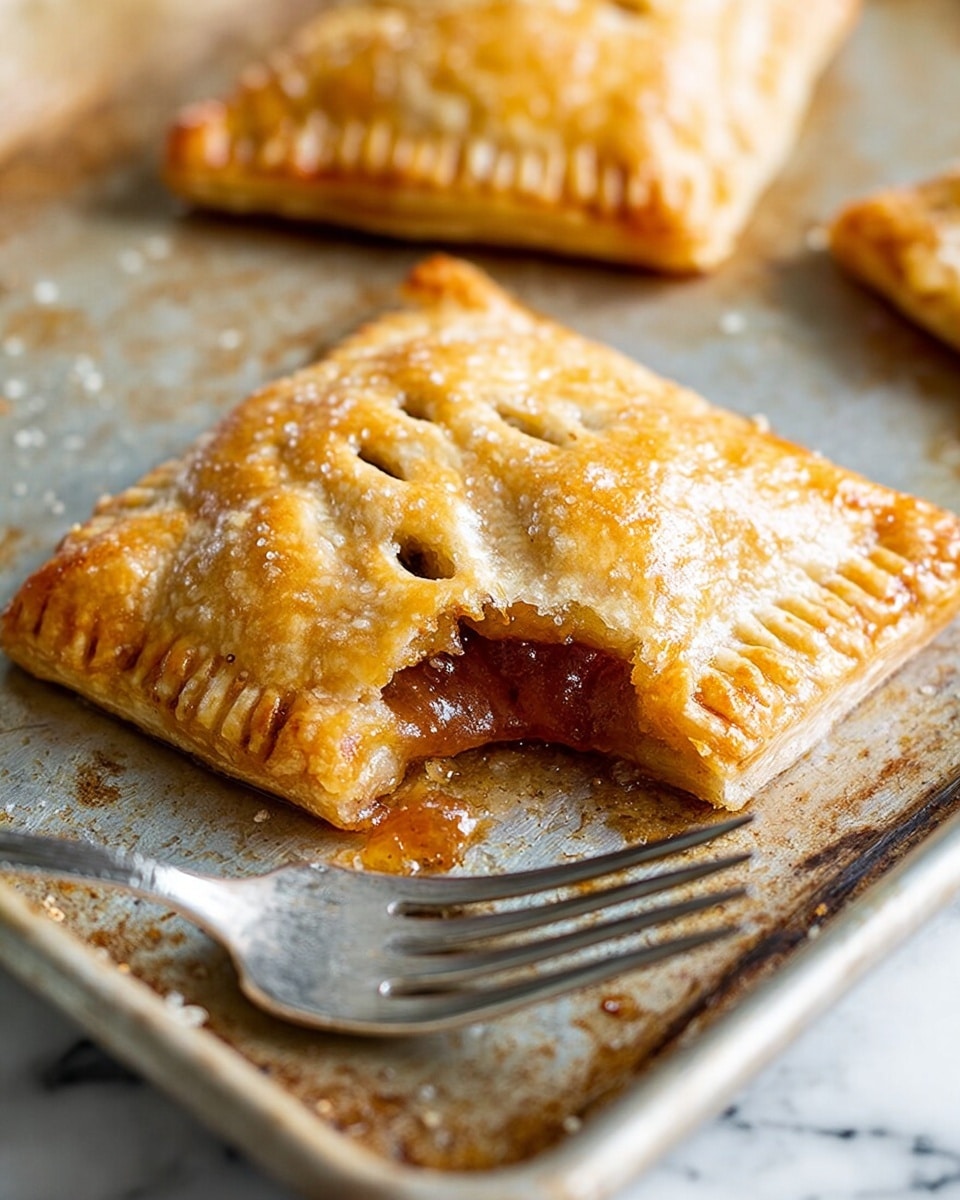 The image shows square-shaped hand pies with a golden brown, flaky crust that has small fork marks along the edges and tiny fork holes on top. One pie is broken open, revealing a gooey, dark amber filled center that looks sticky and sweet. The hand pies rest on a slightly worn white marbled texture, and to the right side lies a shiny silver fork placed flat on the surface. photo taken with an iphone --ar 4:5 --v 7