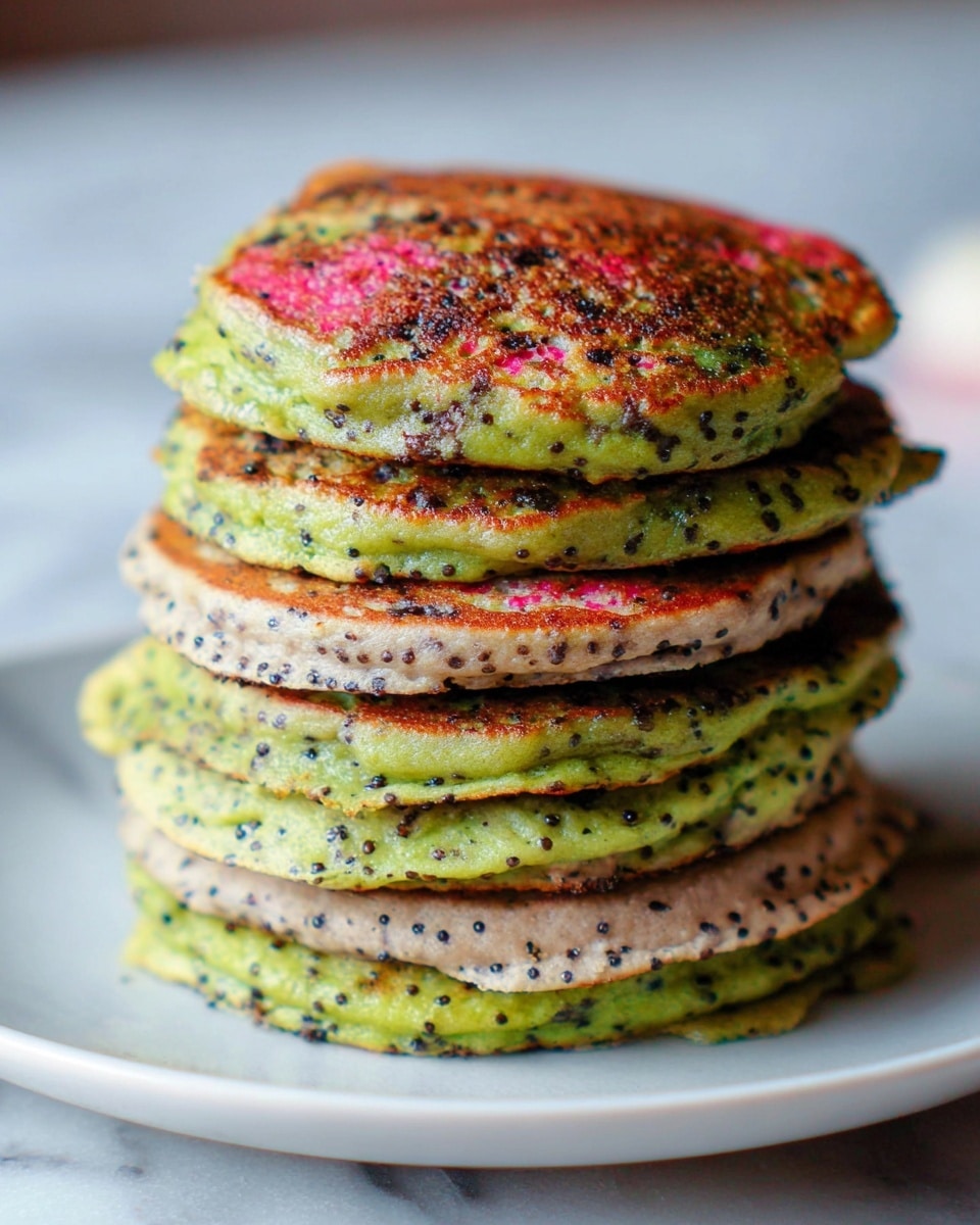A tall stack of seven thick, round pancakes sits on a white plate, placed on a white marbled surface. The pancakes alternate in color and texture, with some layers showing a greenish hue dotted with dark seeds, and others a light brown color with similar dark seed patterns. The surface of each pancake is slightly crispy and uneven, showing some browning on the edges. The green pancakes have a speckled, textured look, while the brown pancakes appear smoother but still spotted with small seeds. The stack is slightly leaning, giving a sense of height and softness. In the background, blurred silver bowls and small smoothie-like glasses appear faintly visible. photo taken with an iphone --ar 4:5 --v 7