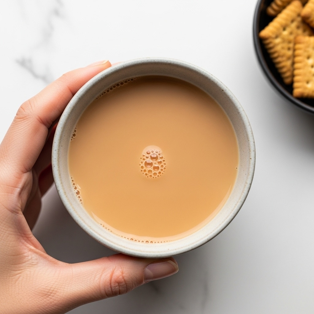 A close-up top view of a smooth, creamy light brown cup of tea inside a textured ceramic cup with a rustic, speckled blue-gray rim, held by a woman's hand with a light skin tone, resting on a white marbled surface; in the blurred background, partially visible is a dark bowl with square biscuits inside, adding a cozy feel to the image. photo taken with an iphone --ar 4:5 --v 7
