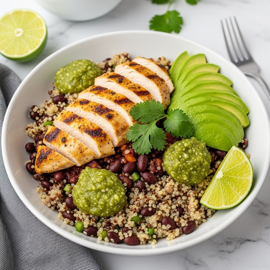 A white bowl contains a layered dish starting at the bottom with light beige quinoa mixed with small black beans, creating a grainy texture. On top of this base, to the left side, there are cooked black beans and brownish diced pieces mixed together, garnished with a few green cilantro leaves. In the center, evenly placed, are five slices of grilled chicken breast, golden brown with charred grill marks, neatly aligned. On the right side, there are three slices of bright green avocado, positioned next to a dollop of chunky green sauce. A lime wedge with a fresh bright green color is placed on the quinoa near the front edge of the bowl. The scene is set against a white marbled surface. photo taken with an iphone --ar 4:5 --v 7