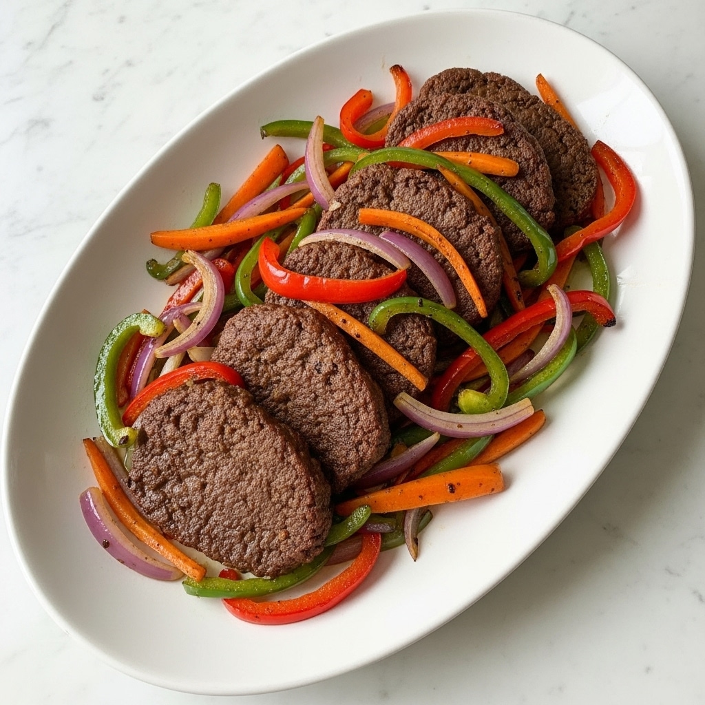 A white plate sits on a white marbled surface, holding five brown, irregular-shaped pieces of cooked meat layered slightly overlapping in the center. Mixed among the meat are cooked thin slices of red, green, and orange bell peppers along with translucent purple and white onion strips, all appearing soft and glossy with light oil coating. The dish's colors contrast between the dark brown meat and the bright peppers and onions scattered loosely around and under the meat slices. photo taken with an iphone --ar 4:5 --v 7
