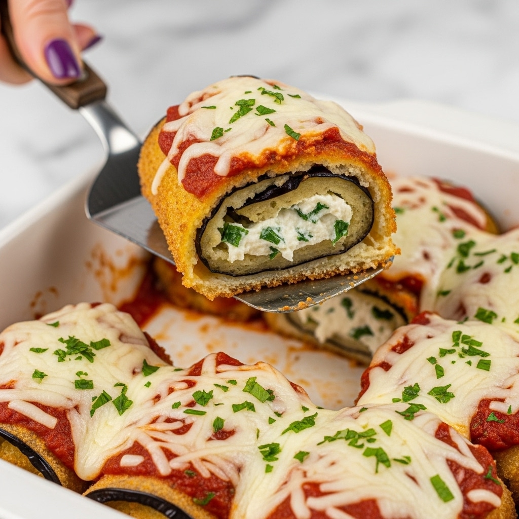 A close-up image showing a piece of breaded chicken cutlet stuffed with white creamy cheese that has herbs mixed in, forming the inner layer. The outside is a golden brown crispy breadcrumb crust. On top, there is a layer of red tomato sauce covered by melted white mozzarella cheese sprinkled lightly with green herbs. This piece is being lifted with a spatula by a woman's hand, while the other pieces of the dish sit inside a white baking dish. The whole scene rests on a white marbled surface. photo taken with an iphone --ar 4:5 --v 7
