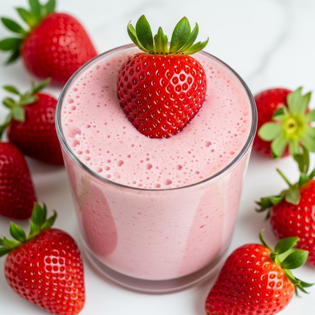 A close-up view of a creamy pink strawberry smoothie in a clear glass, filled to the top with small bubbles visible on the smooth surface. On top of the smoothie, a single bright red strawberry with a green leafy crown rests gently. Around the glass, several whole strawberries with green leaves are spread out on a white marbled surface, adding a fresh and natural touch to the scene. photo taken with an iphone --ar 4:5 --v 7