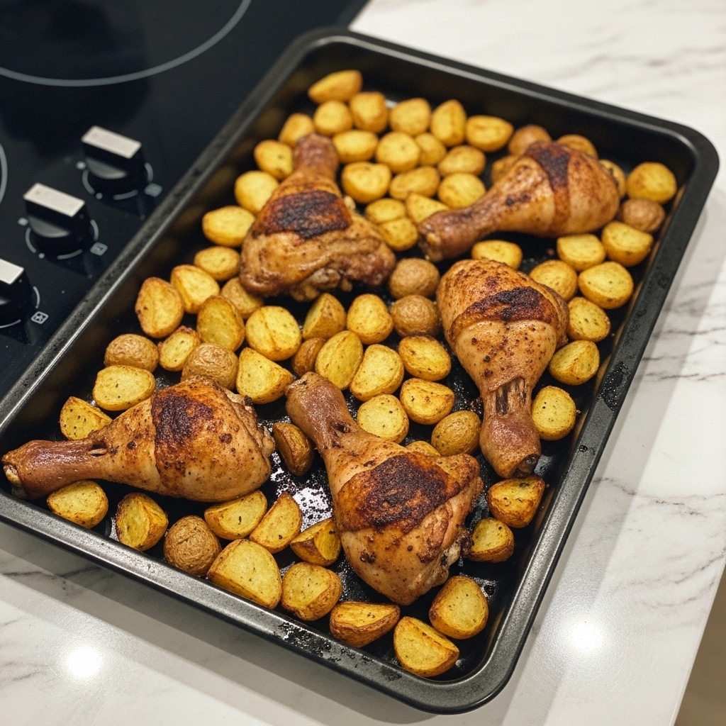 A black roasting tray filled with golden roasted potato cubes and browned, seasoned chicken pieces sits on a white marbled kitchen counter near a stovetop. The potatoes are cut into small chunks and spread evenly around the chicken, which shows a crispy, dark orange-brown skin with some charred spots. The scene is simple and clean, focusing on the warm, appetizing mix of browned textures and colors. photo taken with an iphone --ar 4:5 --v 7