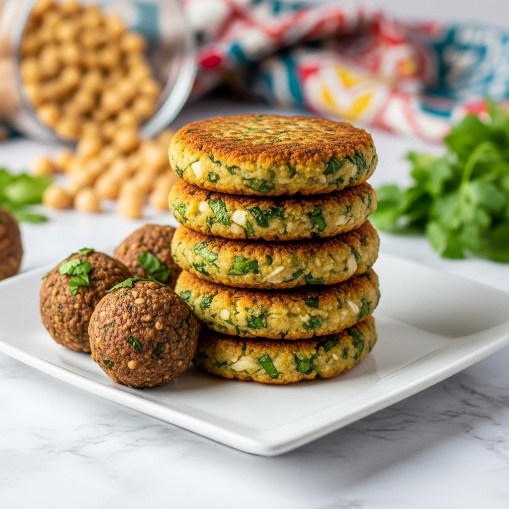 A white square plate with a stack of five round, golden-brown patties in the center, each patty showing a mix of green herbs and a crispy texture. Around the stack, there are three smaller, ball-shaped patties with a similar golden-brown, slightly crunchy surface. Behind the plate, a glass jar with light yellow chickpeas and a few green leaves add a fresh touch, all set against a white marbled surface. photo taken with an iphone --ar 4:5 --v 7