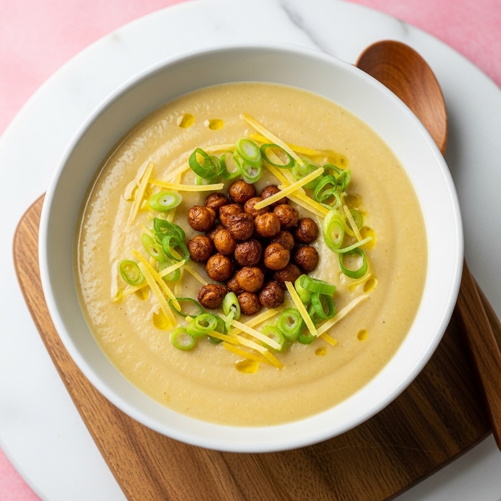 A white bowl sits on a wooden tray with a smooth, thick creamy yellow soup inside. On top of the soup, there is a small pile of crispy, dark brown chickpeas placed in the center, sprinkled with thin green slices of scallion scattered around and some fine shreds of light yellow cheese spread lightly. The background is a plain red color, and a wooden spoon is partly visible on the right side. The surface beneath the tray is a white marbled texture. photo taken with an iphone --ar 4:5 --v 7
