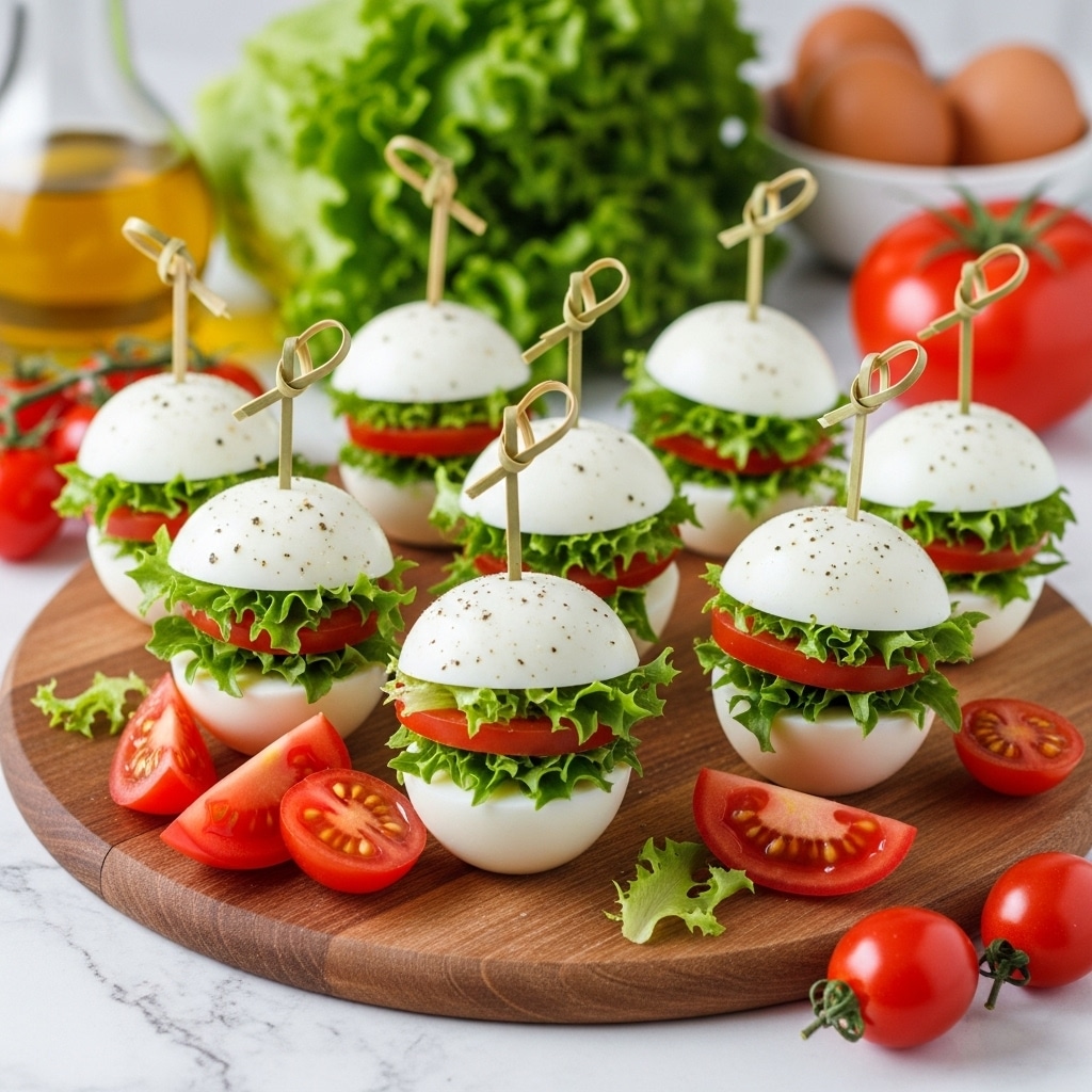 The image shows eight small appetizers on a round wooden board. Each appetizer has three layers: a white hard-boiled egg sliced in half on the top and bottom with light black pepper specks on the egg white; a bright green leafy lettuce layer in the middle; and two red tomato slices placed above the lettuce. The layers are held together by a small bamboo pick twisted into a loop at the top. The wooden board sits on a white cloth with blue stripes, and there are a few loose red grape tomatoes and some green leafy vegetables in the background on a white marbled surface. Photo taken with an iphone --ar 4:5 --v 7