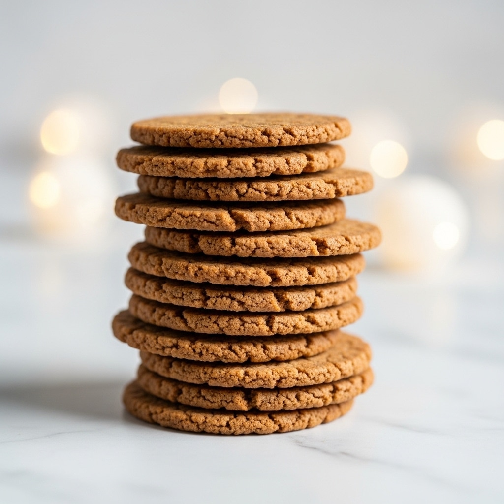 A tall stack of ten round brown cookies with a cracked, slightly rough texture, each cookie layered directly on top of the other, creating a neat tower. The cookies have a warm, baked look with a mix of golden and darker brown tones. They sit on a white marbled surface with soft white light circles blurred in the background, adding a cozy feel to the image. Photo taken with an iphone --ar 4:5 --v 7