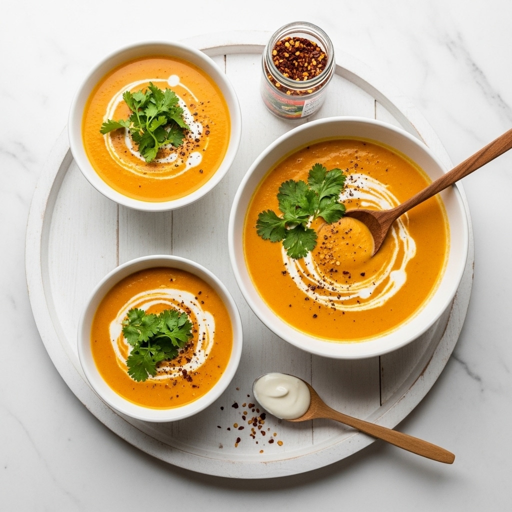 Three white bowls with a creamy orange soup filled with green herbs and small black seeds sit on a round white wooden tray over a white marbled texture. Each soup bowl has a swirl of white cream on top and a sprig of dark green cilantro leaves placed in the center. One large bowl on the left has a light wooden spoon resting inside it, while a smaller bowl at the top right has a dollop of cream and cilantro. The third bowl at the bottom right also has cream swirled and cilantro on top. Next to the bowls, there is a small glass jar of red chili flakes and a light wooden spoon with white cream on it. The overall scene has a clean, bright look with scattered black and red specks around. photo taken with an iphone --ar 4:5 --v 7