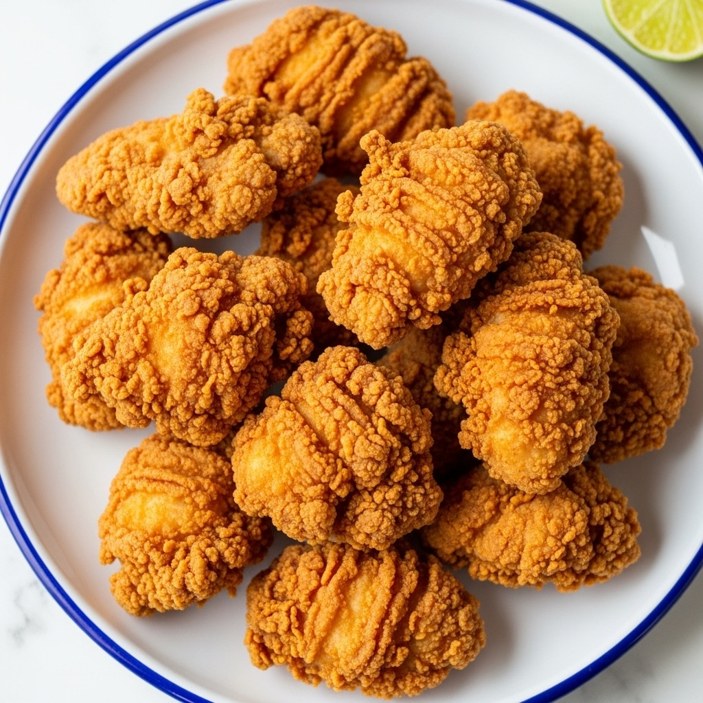 A white plate with a blue rim is filled with several pieces of fried chicken. The chicken pieces have a golden-brown color and a very crispy texture with rough, crinkly breading covering each piece. The chicken pieces are piled in the center of the plate, overlapping slightly, showing a mix of larger and smaller chunks. The background is a white marbled surface with a small lime wedge partially visible on the right side. photo taken with an iphone --ar 4:5 --v 7