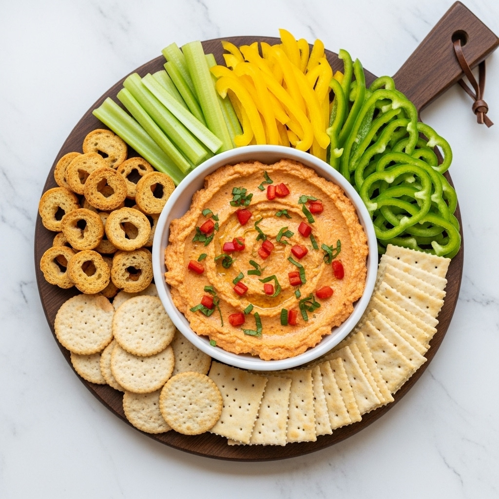 A round white bowl in the center holds a thick, creamy orange dip topped with small red pepper pieces and green herbs. Surrounding the bowl on a dark wooden board are layers of light brown square crackers with holes, round light beige crackers, thin light toasted baguette slices, and fresh vegetables: pale green celery sticks, bright yellow bell pepper strips, and dark green bell pepper strips, all neatly arranged in sections. The board rests on a white marbled surface. photo taken with an iphone --ar 4:5 --v 7