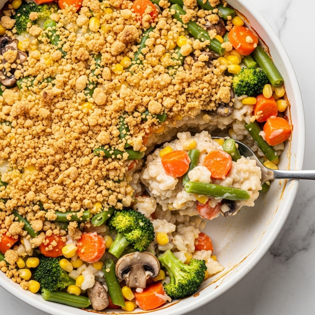 A close-up view of a creamy vegetable casserole in a white dish, with a thick layer of mixed creamy rice and sauce visible in the center, featuring small pieces of bright yellow corn, orange carrots, green beans, peas, and broccoli florets. The outer edge shows a golden brown, crispy crumb topping that wraps around the dish. A spoon lifts a scoop of the soft, creamy vegetable and rice mixture from the middle, highlighting the colorful vegetable chunks mixed throughout. The dish sits on a white marbled surface. photo taken with an iphone --ar 4:5 --v 7