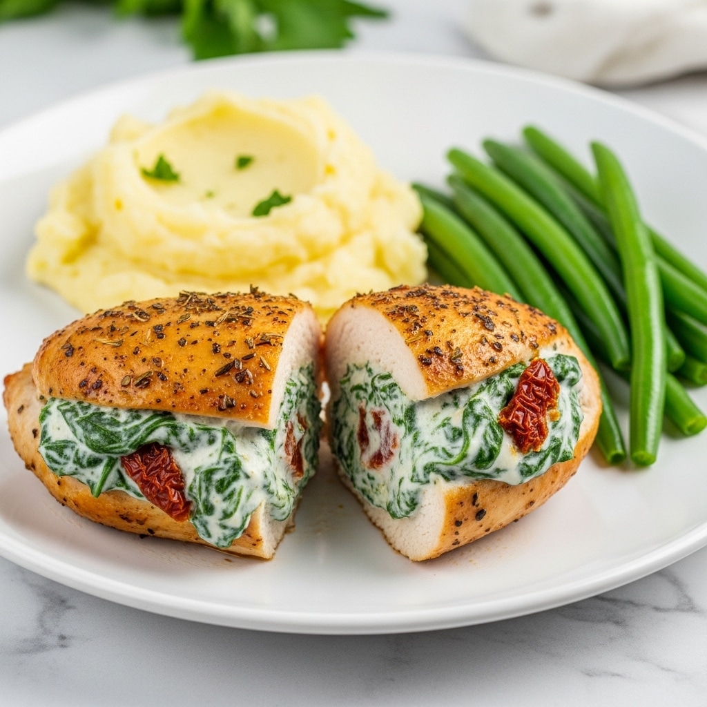 A close-up of a stuffed chicken breast on a white plate, with three main parts visible: the golden brown, slightly crispy top layer of chicken; underneath, a thick layer of creamy filling that has green spinach pieces and small red sun-dried tomato bits with a soft texture; on the side, a smooth, pale yellow mound of mashed potatoes and a small bunch of bright green steamed green beans at the edge. The plate sits on a white marbled surface, and the dish looks fresh and warm, with some herbs sprinkled on the chicken top. Photo taken with an iphone --ar 4:5 --v 7