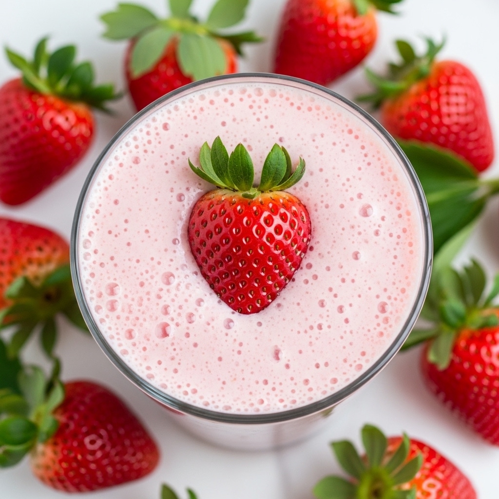 A close-up view of a glass filled with a smooth pink strawberry smoothie, topped with a fresh whole strawberry with green leaves, sitting on a white marbled surface. Around the glass, there are several ripe strawberries with bright red color and leafy green tops, adding a fresh and natural touch to the scene. The texture of the smoothie looks creamy and thick, with small bubbles visible on the surface. photo taken with an iphone --ar 4:5 --v 7