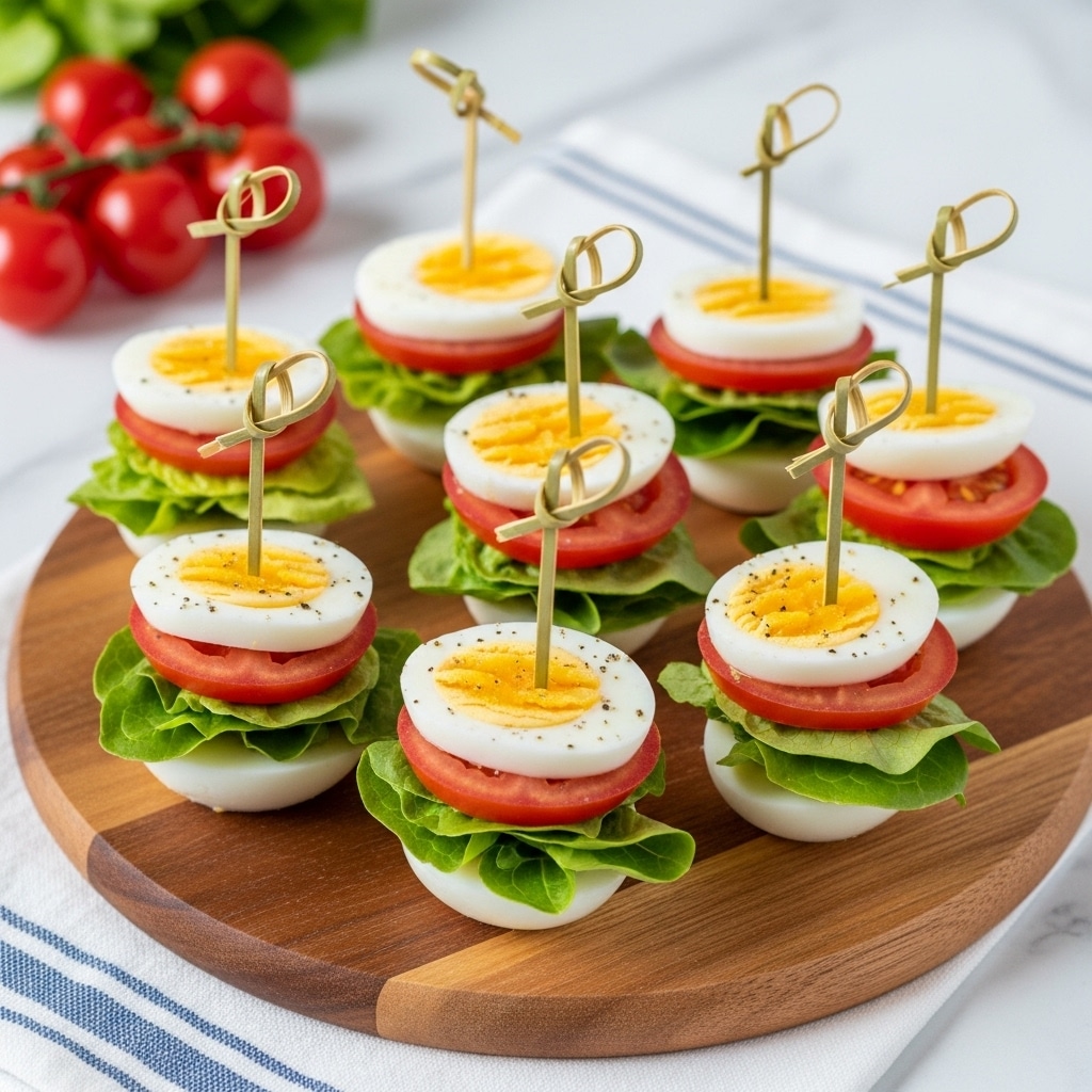The image shows eight mini sandwiches made from halved white boiled eggs arranged on a round wooden board. Each sandwich has three layers: a white egg bottom half, topped with bright green curly lettuce, a slice of red tomato, and a white egg top half sprinkled with black pepper. Each sandwich is held together with a short wooden skewer twisted at the top. Around the board, there are loose slices of red tomatoes and some whole red cherry tomatoes. In the background, fresh green lettuce, eggs, and a glass bottle with a golden liquid can be seen on a white marbled surface. photo taken with an iphone --ar 4:5 --v 7