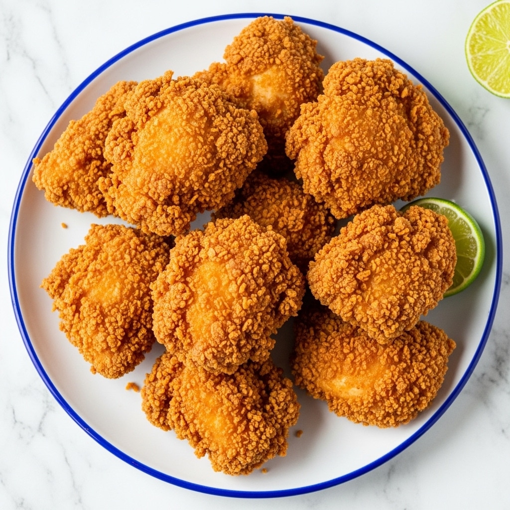 A white plate with a blue rim is filled with a pile of golden brown fried chicken pieces. The chicken has a crispy, textured coating that looks crunchy and uneven, showing ridges and small bumps. The pieces vary in size and shape, overlapping each other in a loose heap. The background is a white marbled surface with a small slice of lime partly visible in the top right corner. photo taken with an iphone --ar 4:5 --v 7