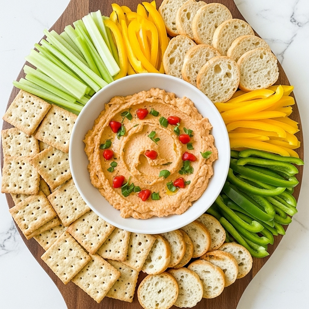 A round white bowl filled with a creamy, orange dip topped with small red pepper pieces and green herbs sits on a dark wooden serving board. Surrounding the bowl are layers of light tan square crackers stacked on the bottom right, round beige crackers next to green sliced bell peppers and yellow bell pepper strips fanned out above. On the top left side of the board are some crisp celery sticks and small, round toasted bread crisps. The whole setup is on a white marbled textured surface. photo taken with an iphone --ar 4:5 --v 7