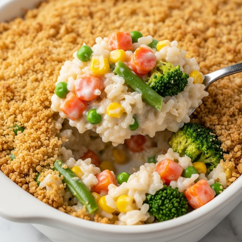 A creamy mixed vegetable casserole is shown in a round white dish with a crumbly golden-brown crust on top. The casserole layers feature a mix of soft, cheesy rice with vibrant orange carrot cubes, green beans, broccoli florets, yellow corn, and small pieces of mushroom. A spoon lifts a scoop from the middle, revealing the creamy, smooth texture blending all the vegetables with the cheese and rice. The white marbled background adds a clean, bright look to the image. photo taken with an iphone --ar 4:5 --v 7