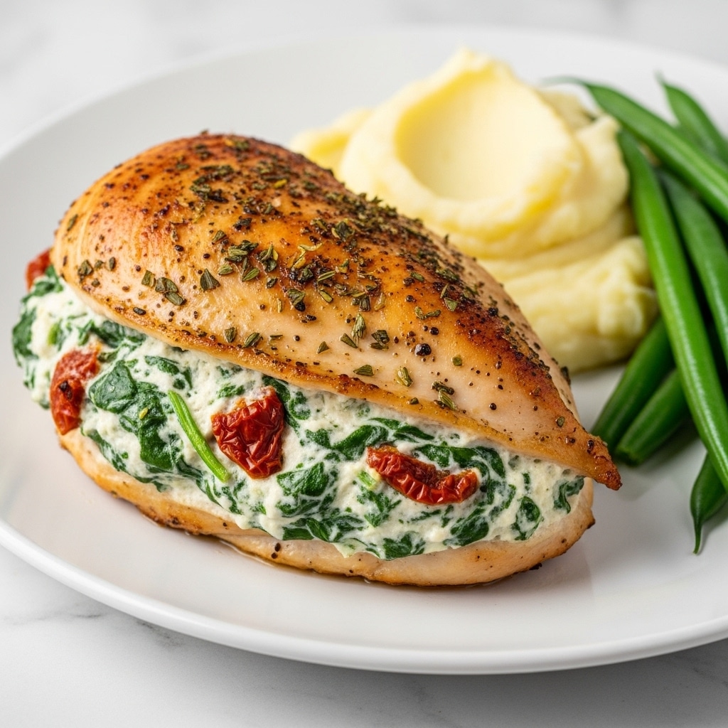 A white plate shows a stuffed chicken breast as the main focus, with the chicken cut open and filled with a creamy mixture of spinach and bits of sun-dried tomato, visible in green and dark red colors with a smooth, slightly textured cream. The chicken outside is golden brown and seasoned with herbs, giving it a slightly shiny surface. On the side, mashed potatoes with a soft and creamy texture are placed in a rounded pile, light yellow in color. Next to the potatoes, there are several green beans, bright green and cooked but still firm. The plate sits on a white marbled surface with some blurred green herbs in the background, creating a fresh and clean look. photo taken with an iphone --ar 4:5 --v 7