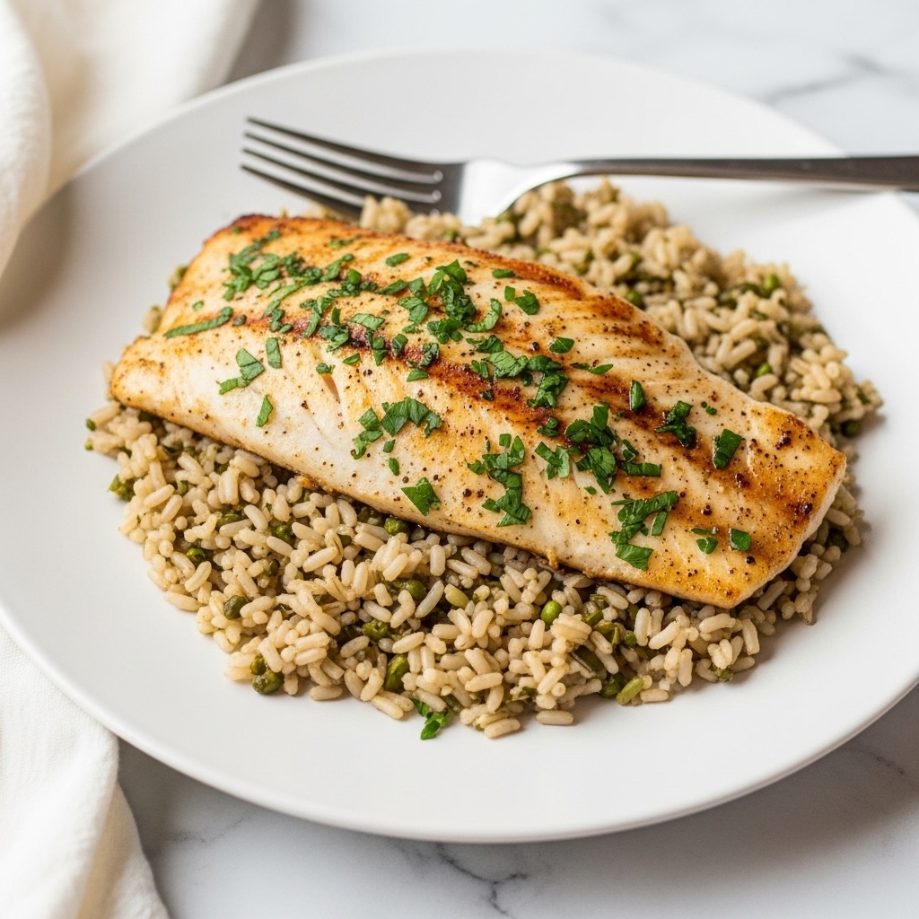 A white plate holds a serving of brown rice mixed with small green herb pieces at the bottom layer, creating a textured base. On top lies a golden-brown, pan-fried fish fillet seasoned with herbs scattered on its surface, showing a slight crispiness and grill marks. A silver fork with a bit of the rice is placed near the top edge of the plate. The dish rests on a white marbled surface. photo taken with an iphone --ar 4:5 --v 7