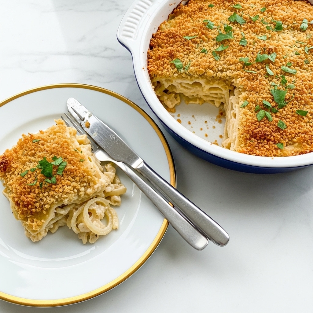 A round white baking dish filled with a golden-brown baked dish topped with crispy breadcrumbs and small green herb pieces scattered on top, showing a crunchy texture. Next to the dish is a white plate with a serving of the same food, revealing creamy layers with a light beige sauce and thin circular slices within, with a fork and knife resting on the plate. The background is a white marbled surface partially covered by a white cloth. photo taken with an iphone --ar 4:5 --v 7