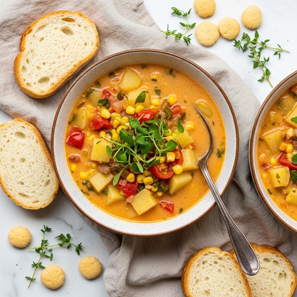A cracked white bowl filled with creamy, light orange soup that has small chunks of potatoes, bits of tomato, corn, and herbs floating inside. Small green herb leaves are scattered on top for garnish. The bowl sits on a soft beige cloth with small round oyster crackers spread around. Partly sliced rustic bread with a golden crust is placed to the left and upper side of the bowl. A silver spoon rests on the right edge of the bowl near some green herb sprigs, all set on a white marbled background. Photo taken with an iphone --ar 4:5 --v 7