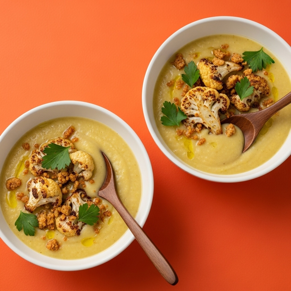 Two white bowls filled with creamy light beige cauliflower soup are placed on a bright orange surface. Each bowl has two pieces of cooked cauliflower on top, along with small green broccoli florets and sprinkled bits of crushed nuts or spices. One bowl has a wooden spoon resting inside with the handle leaning out, while the other bowl has a brown wooden spoon standing upright in the soup. The texture of the soup looks smooth and thick. photo taken with an iphone --ar 4:5 --v 7