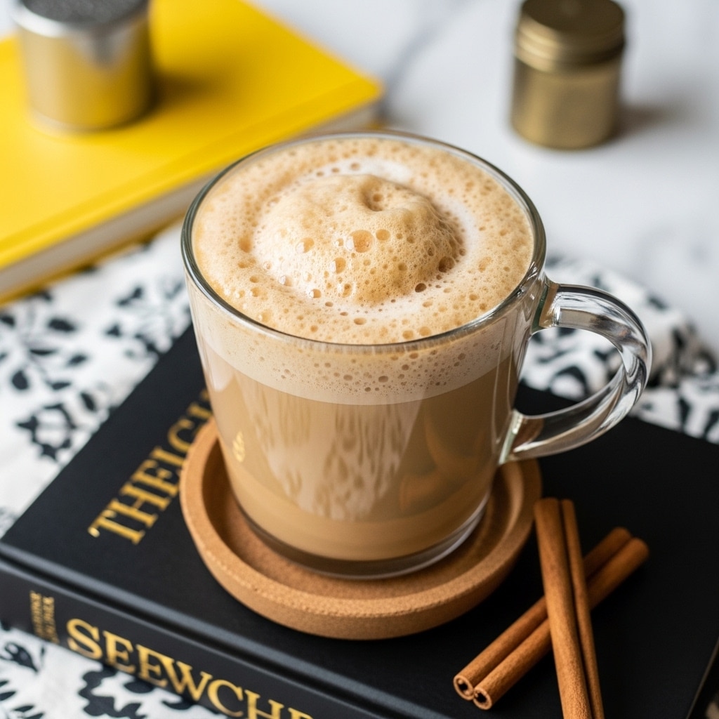 The image shows a clear glass mug filled with a creamy coffee drink topped with a thick layer of frothy foam with small bubbles on the surface. The mug sits on a round cork coaster, which is placed on a closed black book with gold writing. Beside the mug, there are two cinnamon sticks resting on the book. The background is a white marbled texture with a patterned mat underneath the book in shades of dark red and orange, and there is a blurred silver container and stacked yellow notebooks in the background. Photo taken with an iphone --ar 4:5 --v 7