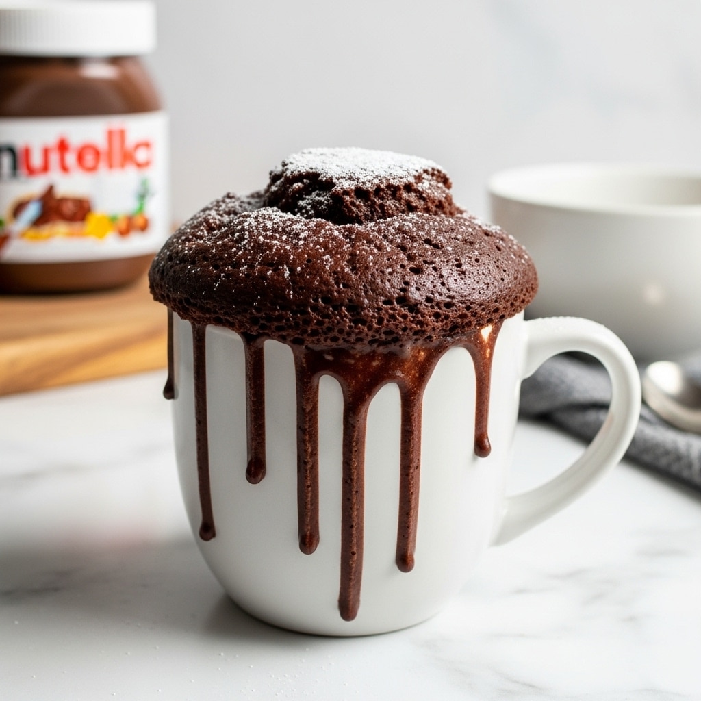 A white mug holds a tall chocolate mug cake that rises above the rim. The cake is dark brown with small holes on the side and a slightly bumpy texture. Its top is dusted with white powdered sugar, creating a thin, even layer. Melted chocolate drips down from the rim on one side, leaving thick, streaky trails on the mug’s smooth surface. The mug sits on a white marbled surface with blurred objects like a Nutella jar and a white bowl in the background. photo taken with an iphone --ar 4:5 --v 7