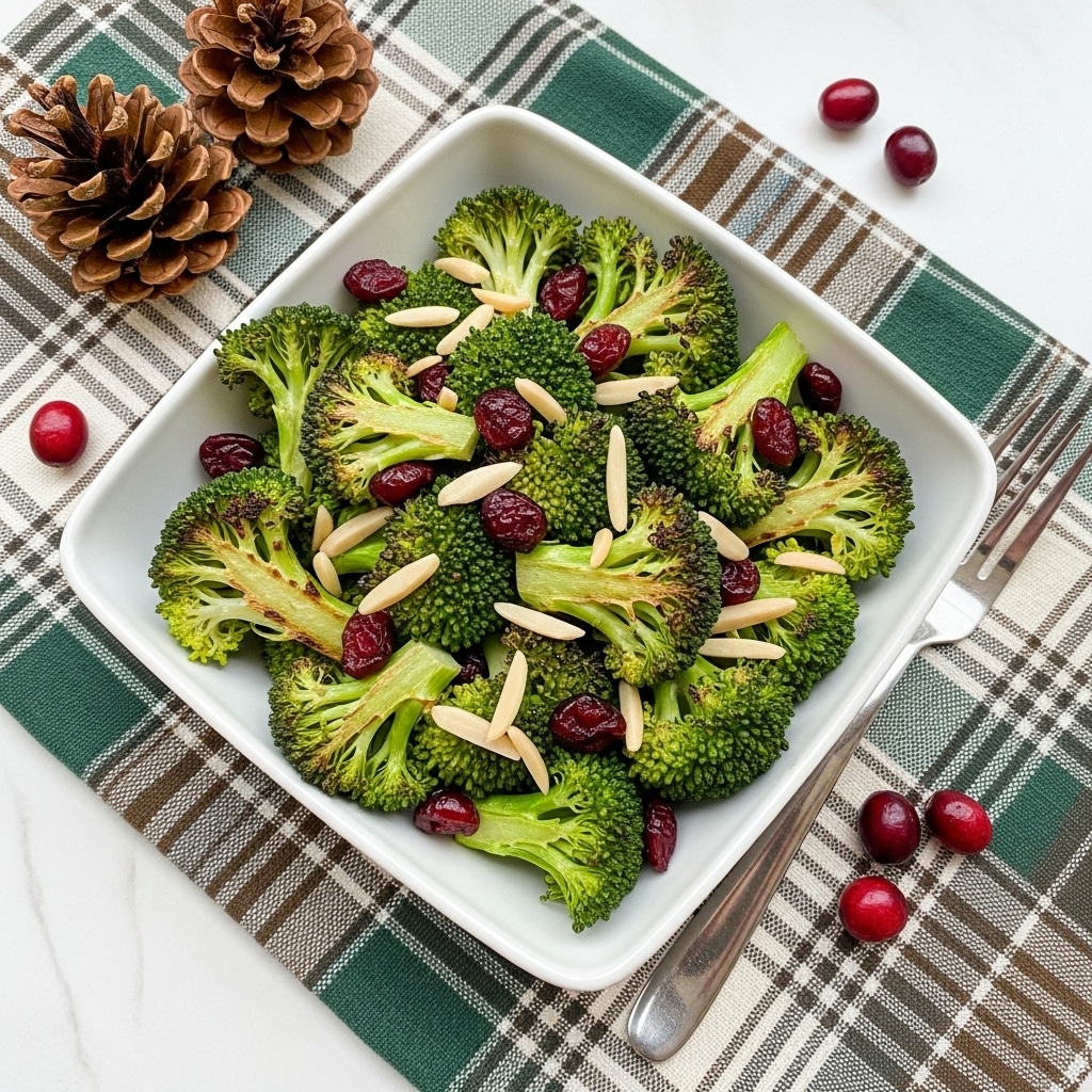A white square bowl filled with roasted broccoli florets that are bright green with some browned edges showing they are cooked. Scattered on top are thin light beige slices of almonds and small dark red dried cranberries, adding color and texture contrast. The bowl sits on a folded green and brown plaid cloth on a white marbled surface. Near the bowl are two small pine cones and some loose cranberries. A shiny silver fork lies on the surface in front of the bowl. photo taken with an iphone --ar 4:5 --v 7