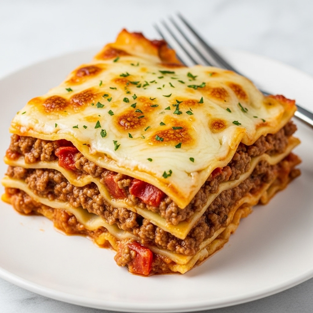 A square piece of lasagna sits on a white plate over a white marbled surface, showing five layers of creamy yellow pasta sheets alternating with thick layers of rich, reddish-brown meat sauce mixed with tomato pieces and melted cheese. The top layer is covered with golden-brown melted cheese, slightly bubbly and sprinkled with small bits of green herbs. A fork rests at the back edge of the plate, partly visible. The lasagna appears juicy with some sauce pooling slightly at the bottom edges. Photo taken with an iphone --ar 4:5 --v 7