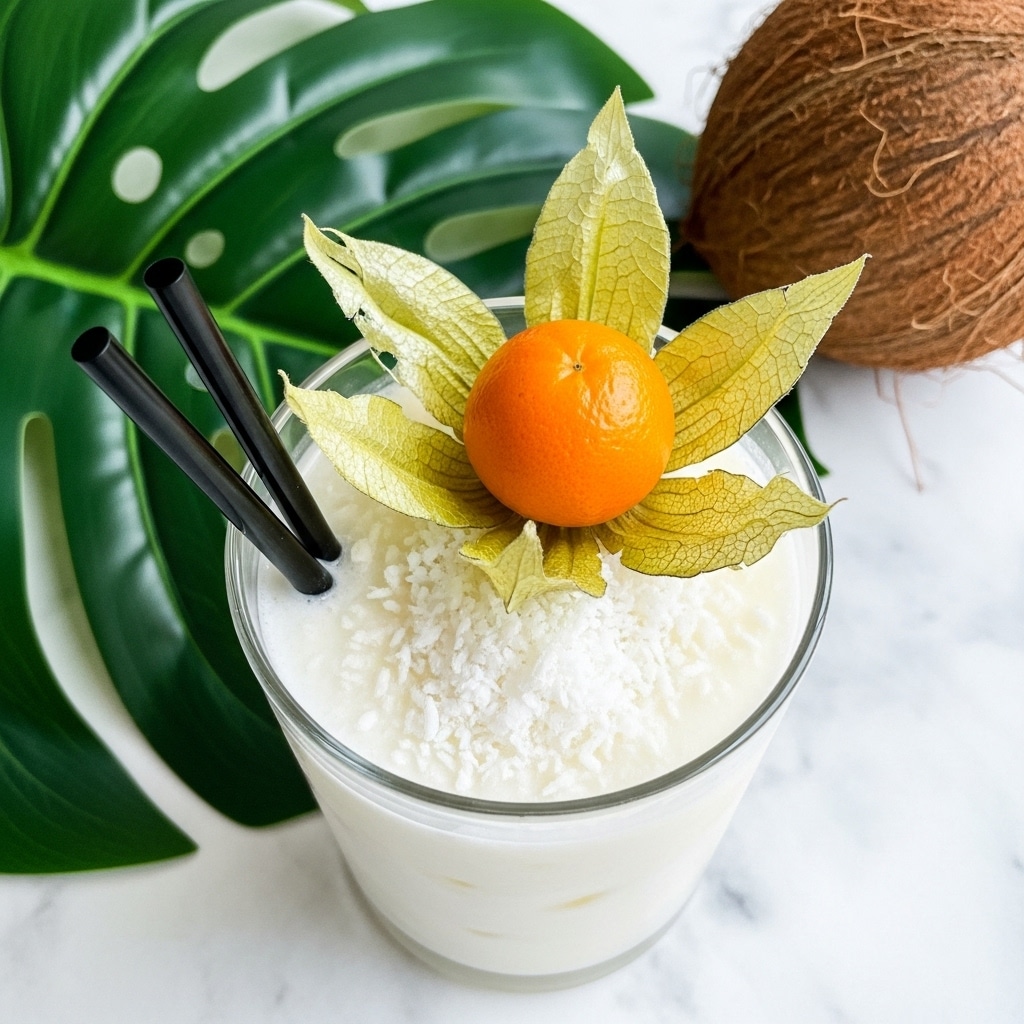 A clear glass filled with a white creamy drink topped with fine white grated coconut, garnished with a small bright orange fruit surrounded by light yellow, thin, dried leaves standing upright in the center. Two black straws are placed on the left side of the glass, slightly leaning outward. The setting includes a green leaf and coconut in the background on a white marbled surface. photo taken with an iphone --ar 4:5 --v 7