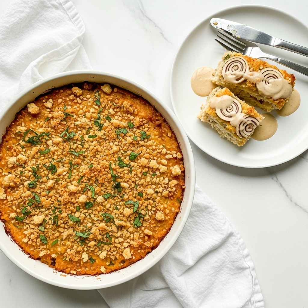 The image shows a baked dish with a golden, crispy breadcrumb topping sprinkled with fresh green herbs. The dish is served in a round white ceramic baking dish with a blue rim. On a separate white plate with a gold rim, a portion of the baked dish is scooped out, revealing creamy layers underneath mixed with thin slices of a light ingredient, possibly onion or pasta. A fork and knife rest on the plate on a white marbled surface. The overall look is warm and inviting with a crunchy texture on top and soft layers beneath. photo taken with an iphone --ar 4:5 --v 7