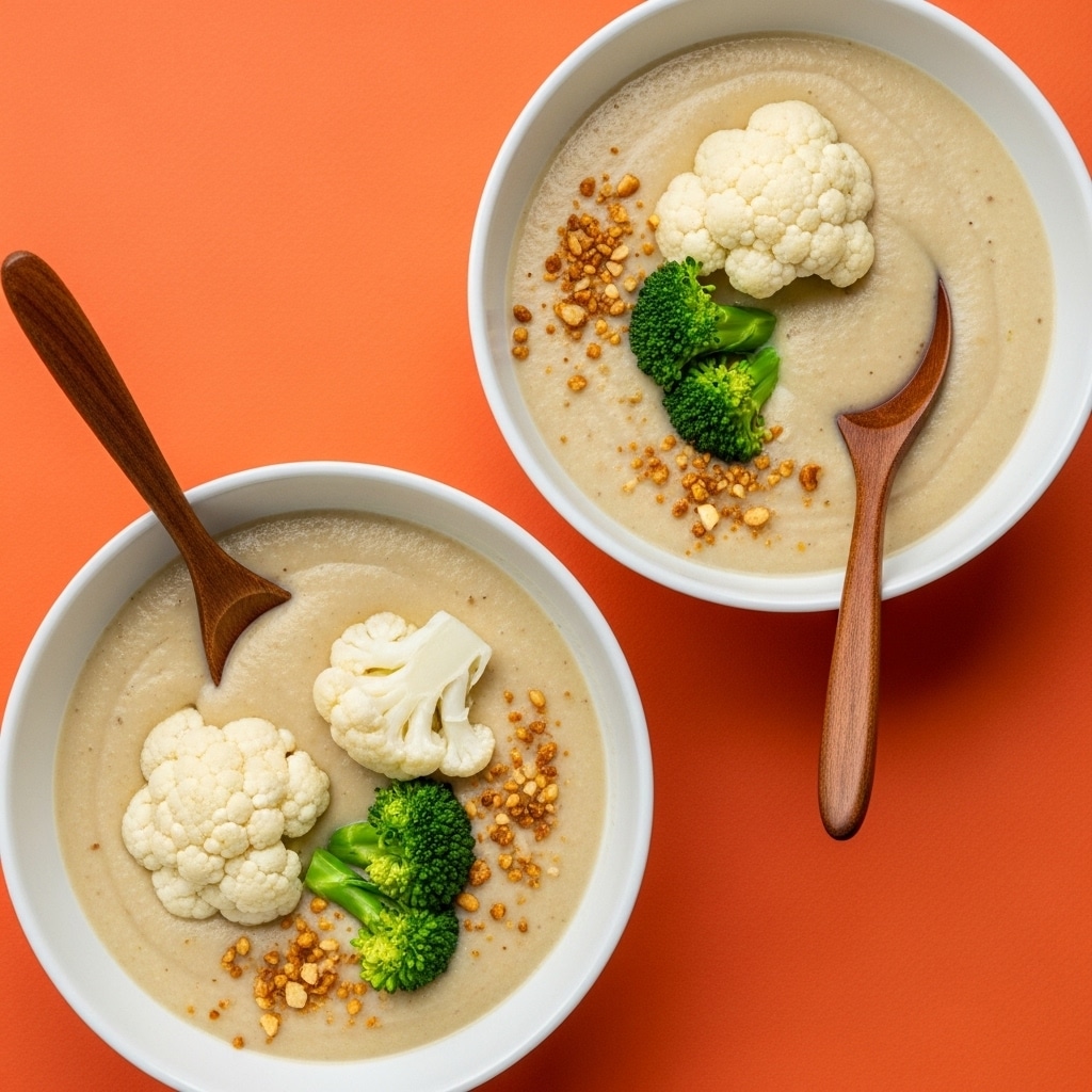 Two white bowls filled with creamy, pale yellow soup topped with roasted cauliflower florets, small green parsley leaves, and scattered crispy crumbs. One bowl has a round wooden spoon resting on its edge, and the other holds a wooden spoon dipping into the soup. The bowls sit on a bright orange surface, creating a strong contrast with the white bowls and light-colored soup. photo taken with an iphone --ar 4:5 --v 7